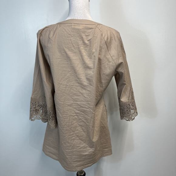 Alessa W. Collection Blouse Tunic Women's sz 10 Khaki Smocked Lace Peasant Boho - Picture 8 of 9